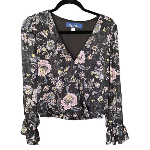 Blue Rain Womens Wrap Style Top Sz L Black Floral Sheer Poet Sleeve Dark Romance - Picture 1 of 11